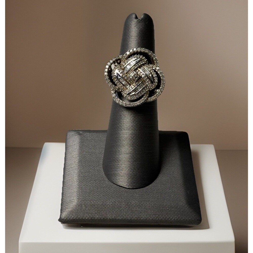 SJ 925 Sterling Silver Diamond Cluster Ring Baguette & Round Diamonds Size 5